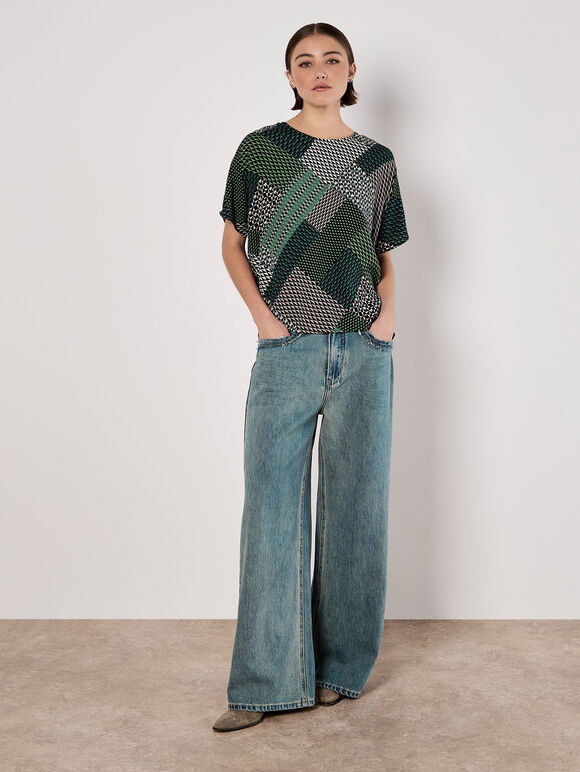 Geometric Patchwork Textured T-Shirt, Green, large