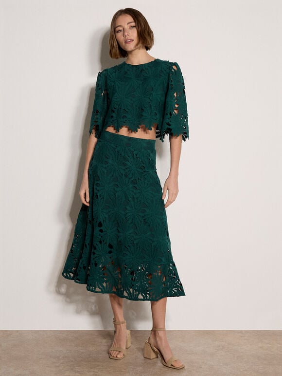 Guipure Lace Daisy Crop Top, Green, large