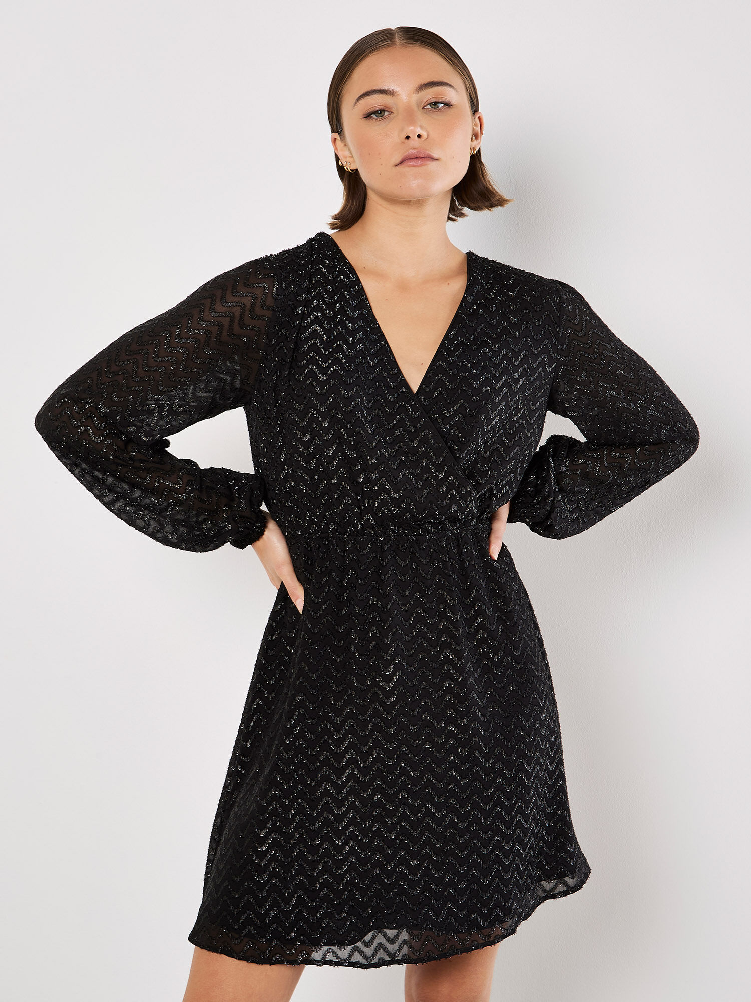 Chevron Shimmer Wrap Mini Dress Apricot Clothing