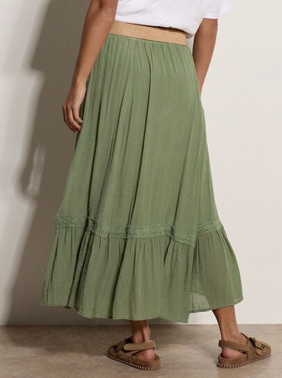 Lace Insert Belted Midi Skirt