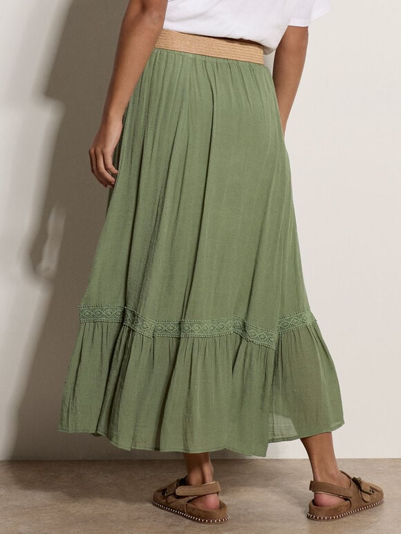Lace Insert Belted Midi Skirt, Green, large