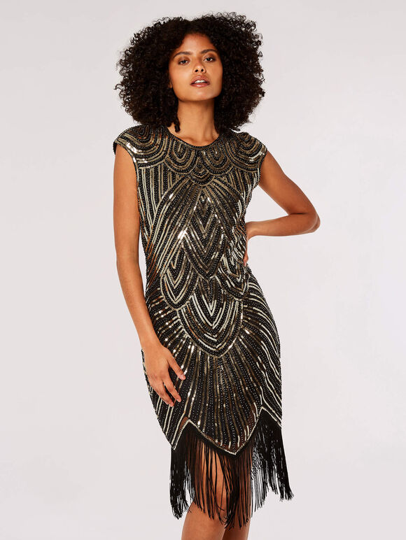 Art Deco Sequin Fringe Mini Dress, Black, large