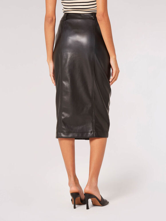Button Down Faux Leather Midi Skirt, Black, large