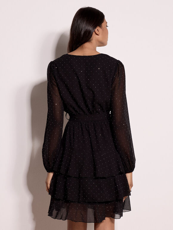 Diamante Embellished Chiffon Tiered Mini Dress, Black, large