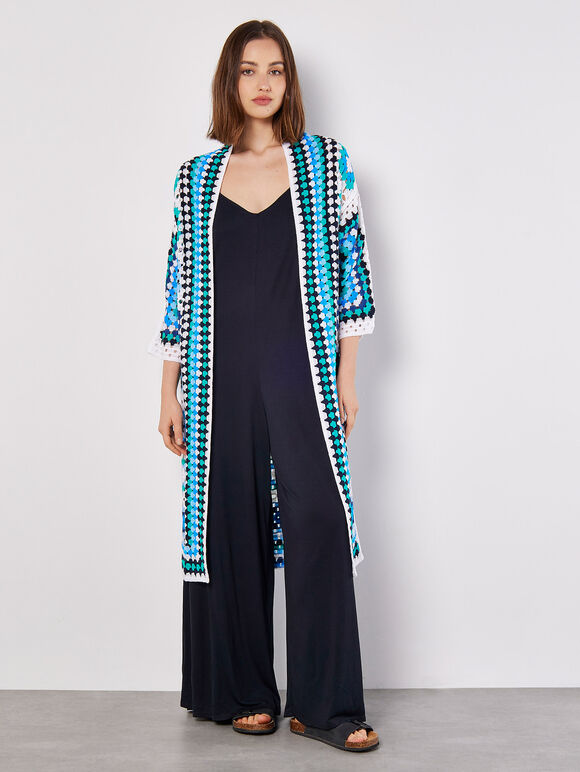 Crochet Squares Longline Cardigan, Navy, large