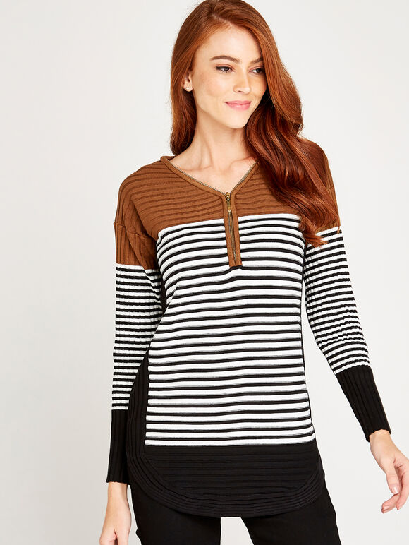 Zip Stripe Curve Jumper, Rust, large
