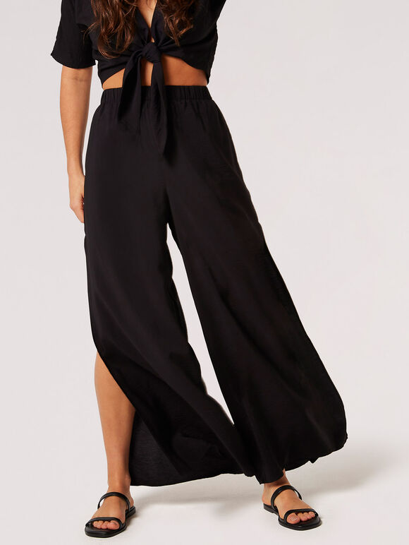Textured Side Split Palazzo Trousers, Black, large