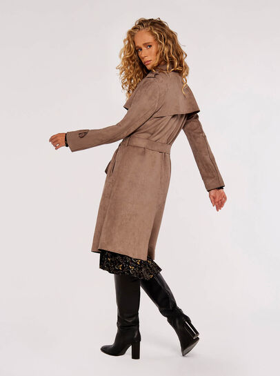 Double-Breasted Suede Belted Trench Coat