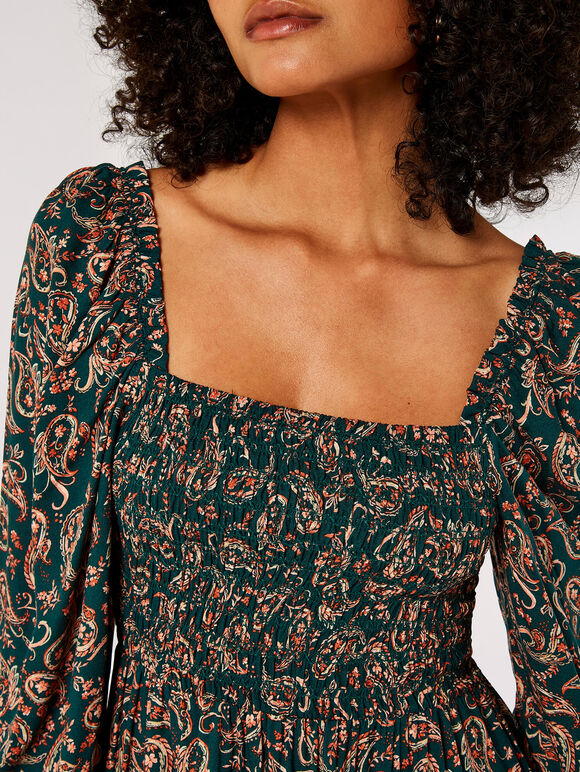 Paisley Milkmaid Mini Dress, Green, large