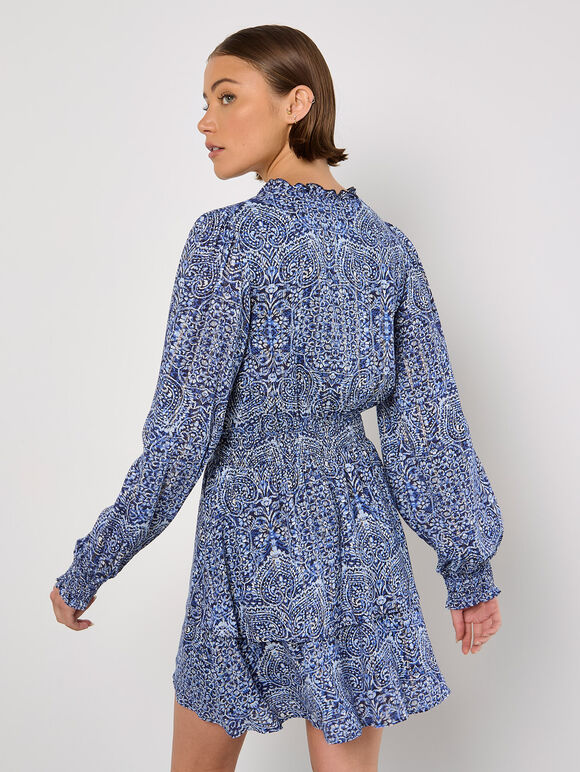 Batik Print Tiered Mini Dress, Navy, large