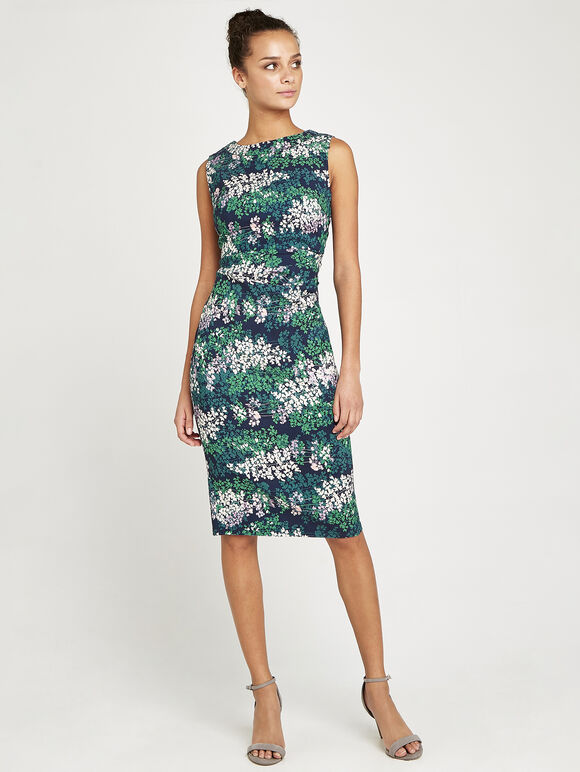 Fern Springs Print In Side Ruched Dress, Navy, large