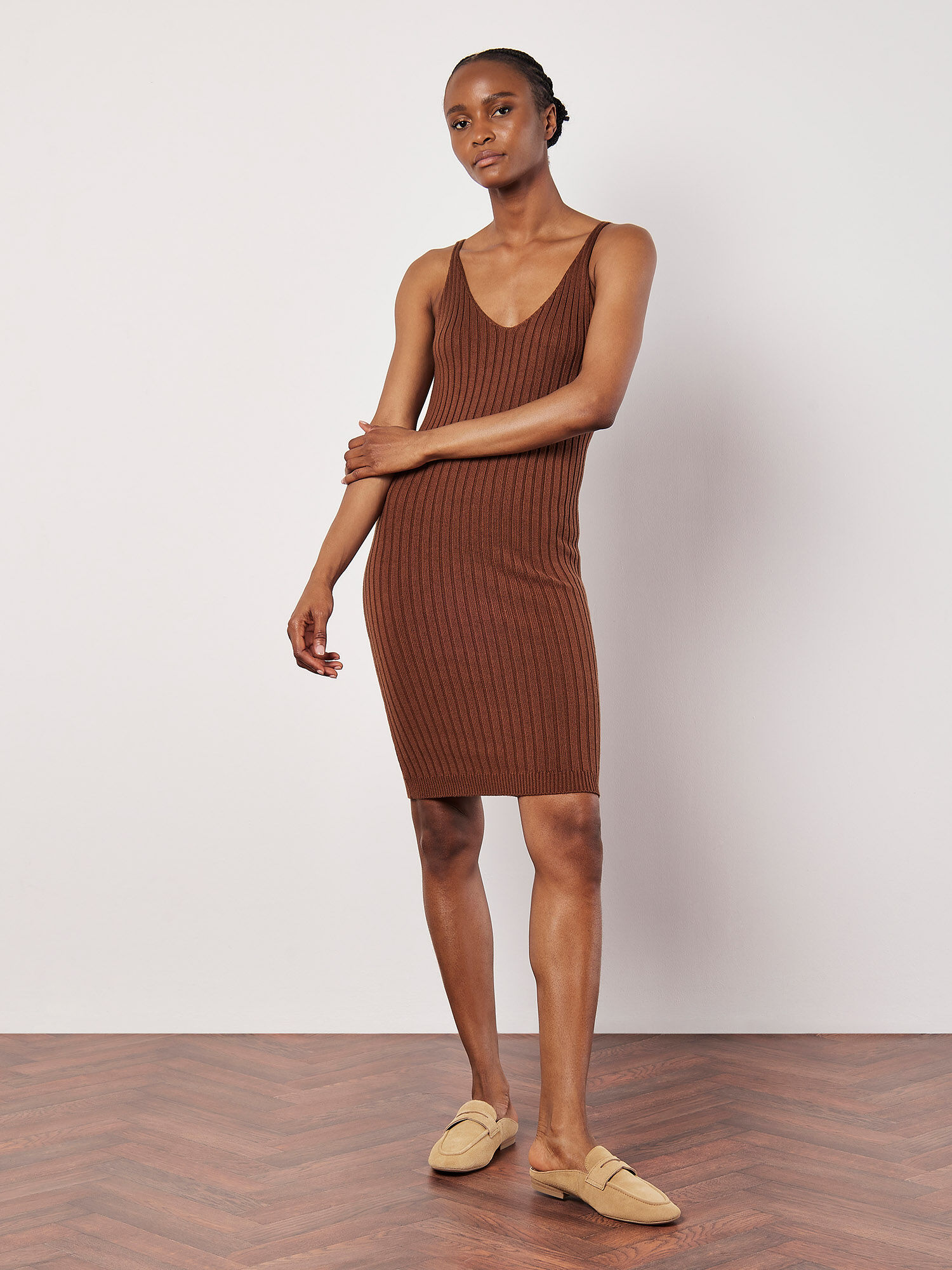 Ribbed Knit Bodycon Midi Dress Apricot Clothing