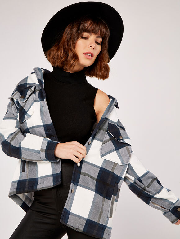 Check Button Down Shacket, Navy, large
