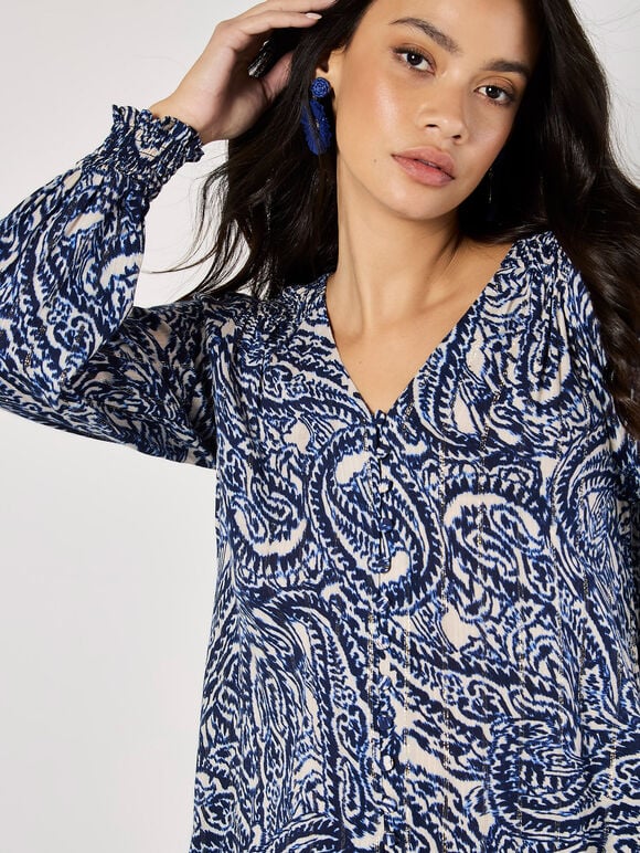 Paisley Print Shimmer Blouse, Navy, large