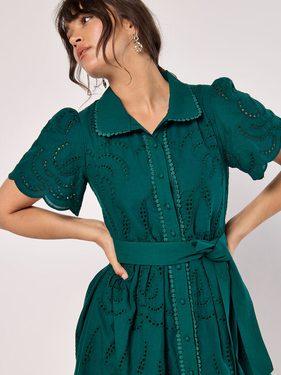 Cotton Broderie Midi Dress, Green, large