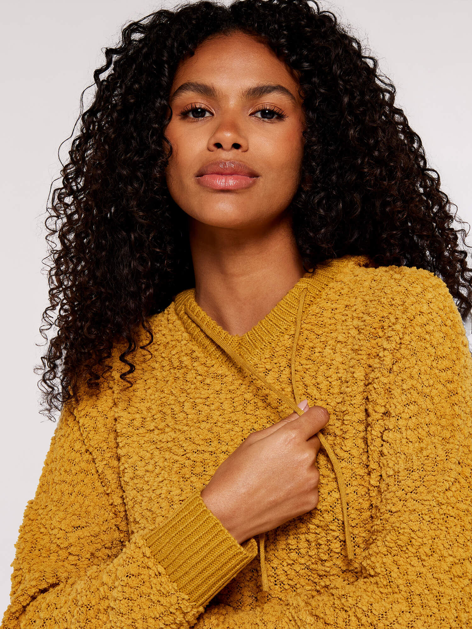 Popcorn Knit Hooded Jumper Apricot Clothing