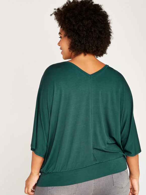 V-Neck Gathered Waistband Top+, Green, large
