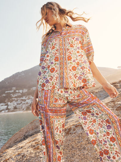 Floral Scarf Print Satin Wide-Leg Trousers