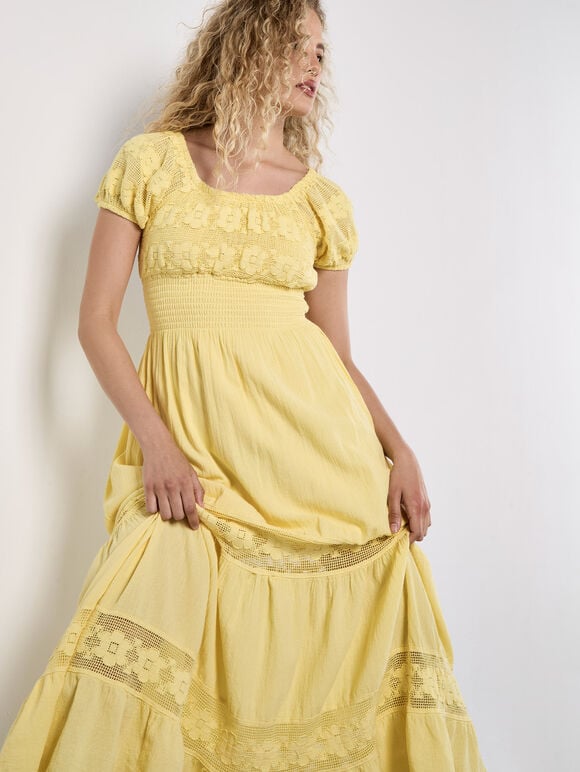 Floral Lace Milkmaid Maxi Dress, Yellow, large