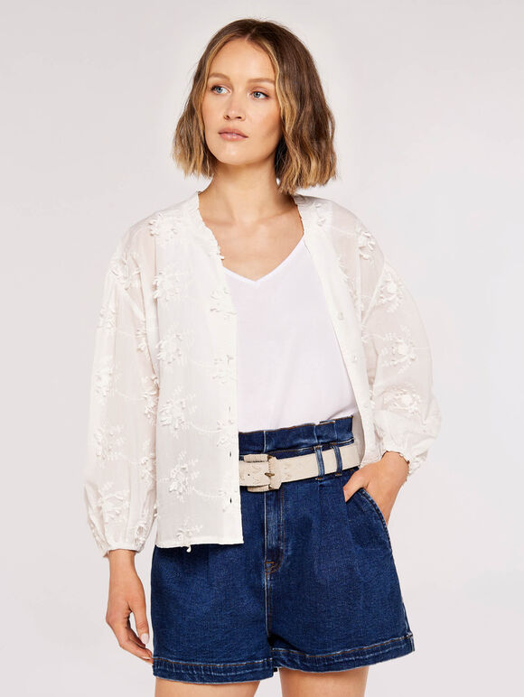 Embroided Volume Sleeve Top, Cream, large