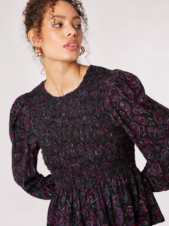 Paisley Puff Sleeve Smocked Top, Black, large