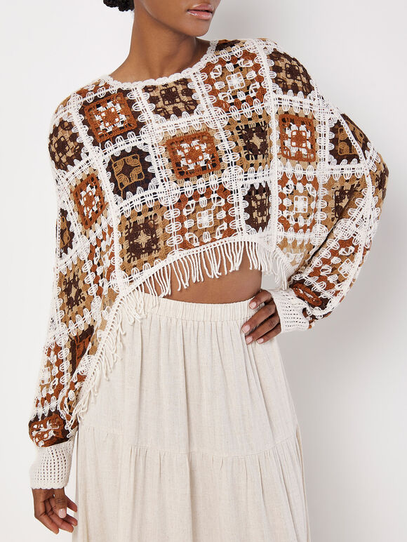 Fringed Crochet Squares Poncho Top, Stone, large