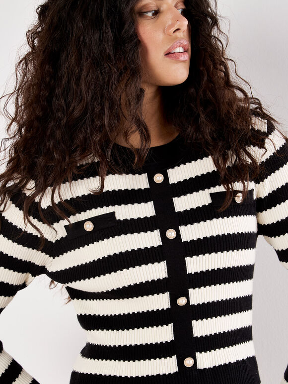 Stripe Knit Bodice Tulle Midi Dress, Black, large