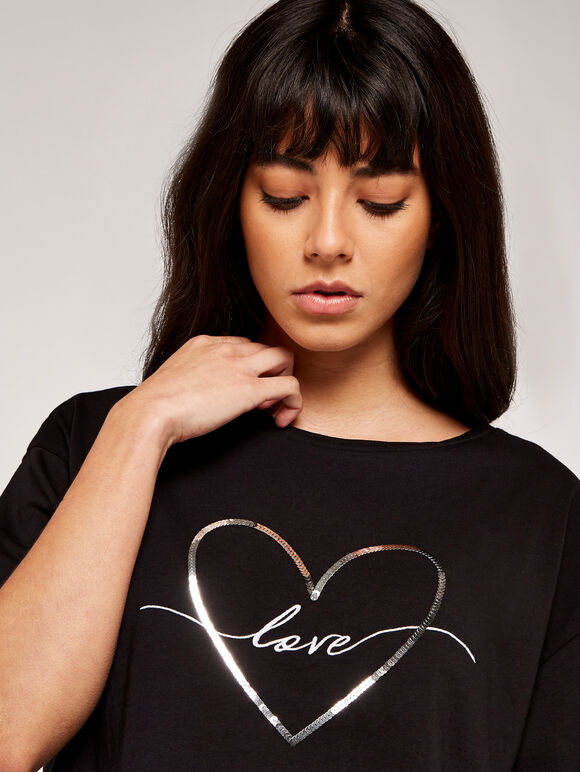 Embroidered Sequin Love T-Shirt, Black, large