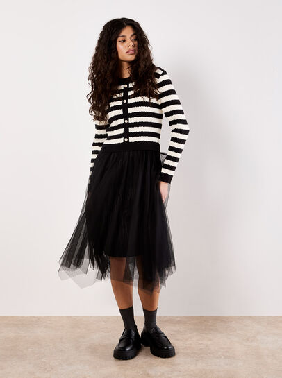 Stripe Knit Bodice Tulle Midi Dress