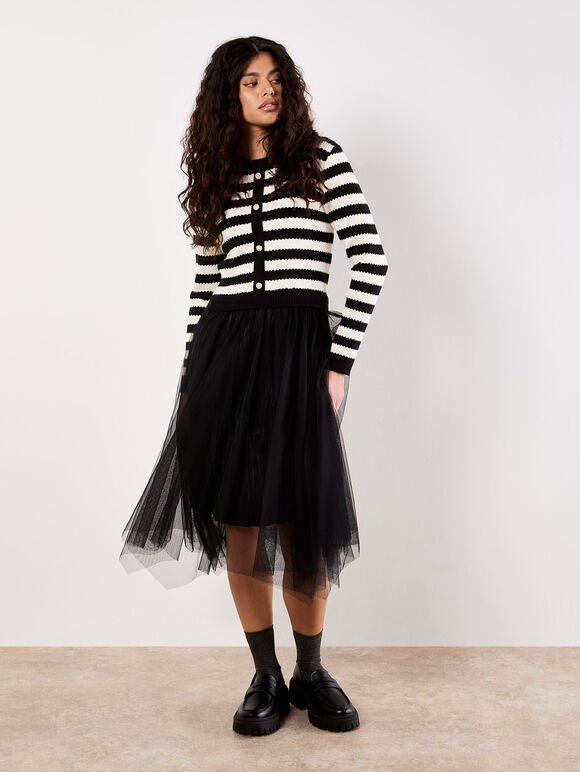 Stripe Knit Bodice Tulle Midi Dress, Black, large