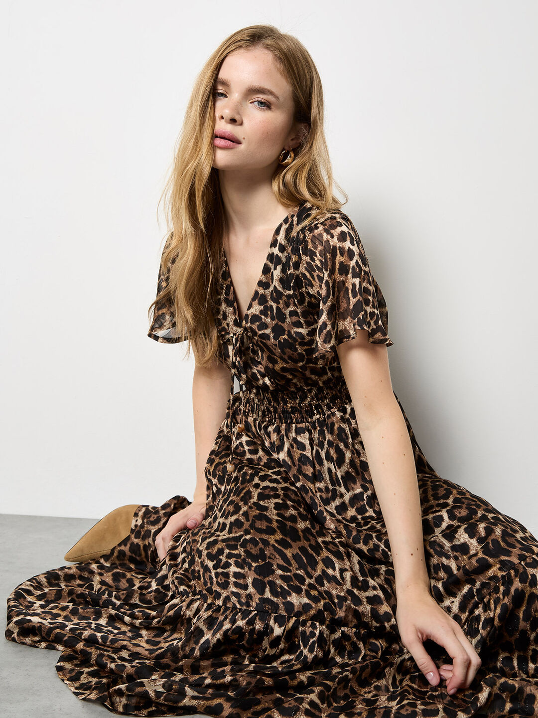 Leopard Shimmer Self-Stripe Maxi Dress Apricot Clothing