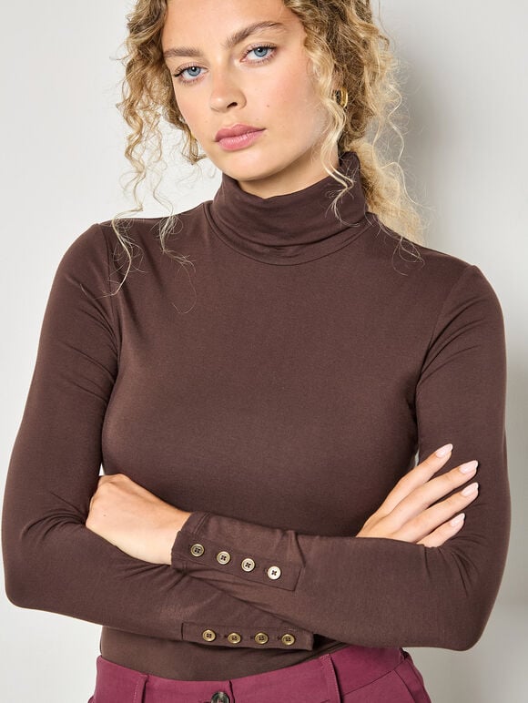 Turtle Neck Button Cuff Top, Brown, large