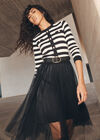 Stripe Knit Bodice Tulle Midi Dress, Black, large