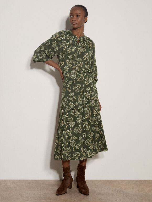 Folk Floral A-Line Midi Skirt, Green, large