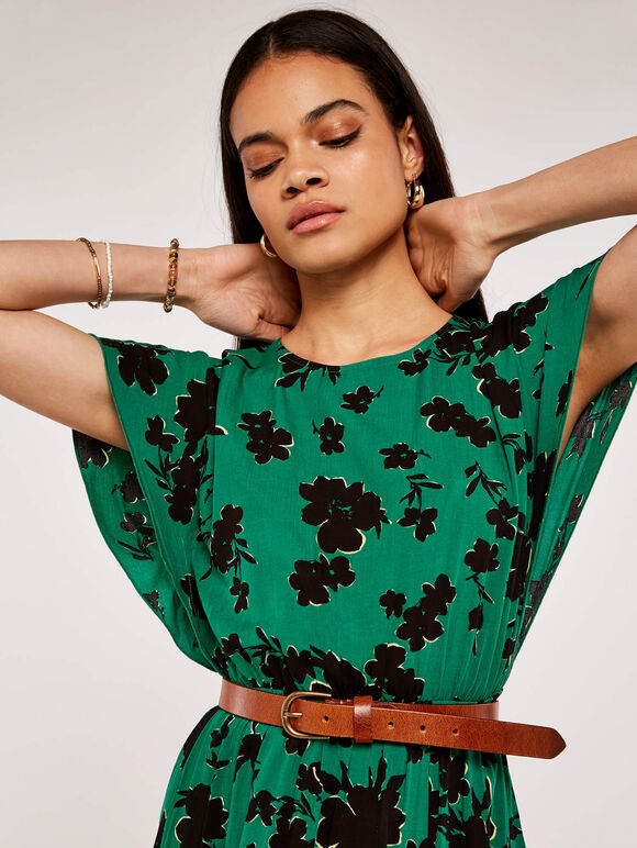 Floral Leaf Smock Dress, Green, large