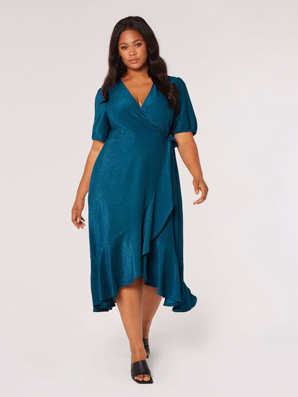 Curve Metallic Wrap Midi Dress, Teal, large