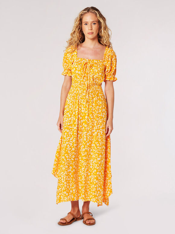 Sarasa Floral Milkmaid Midi Dress, Orange, large