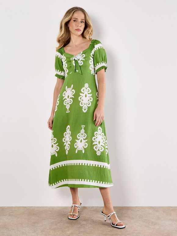 Folk Floral Print Midi Dress, Green, large