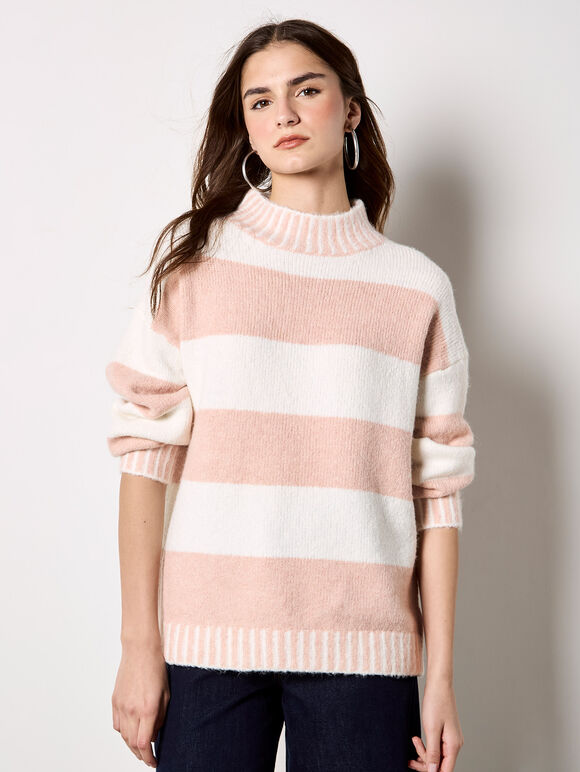Stripe Soft Knitted Jumper, Pink, large