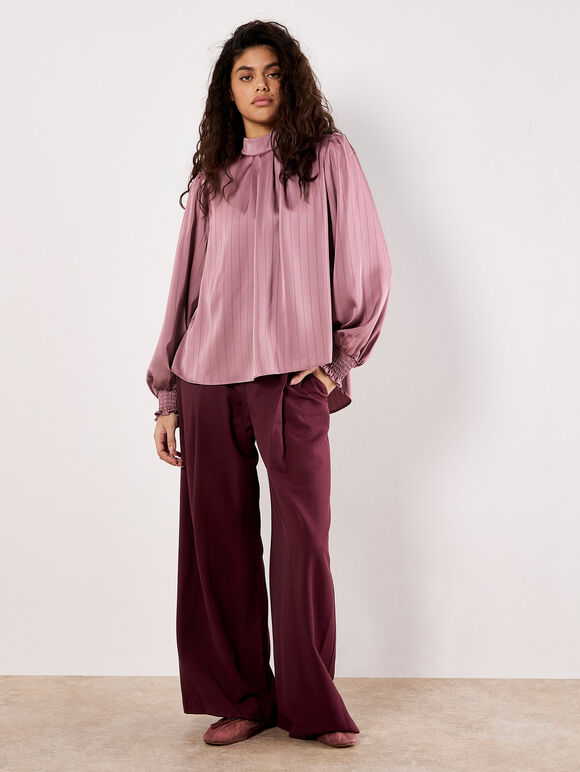 Satin Self-Stripe Tie Back Top, Purple, large