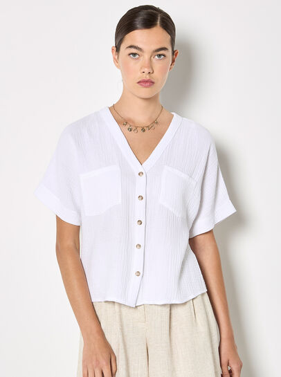 Textured V-Neck Cotton Blouse
