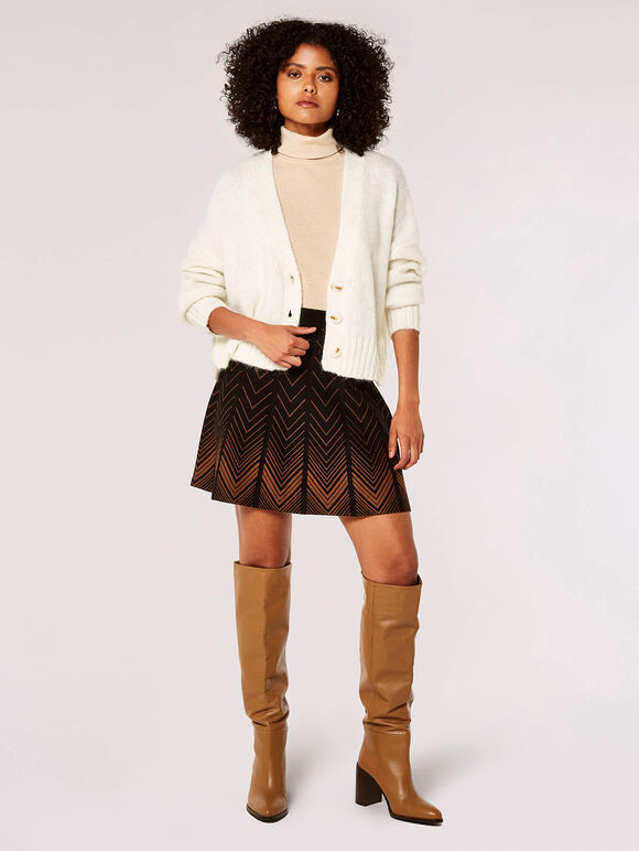 Chevron Knit Pleated Mini Skirt, Black, large