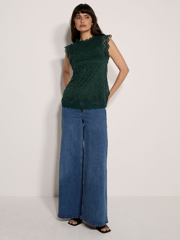 Lace Scallop Hem Blouse, Green, large