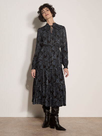 Paisley Metallic Shimmer Tiered Midi Dress