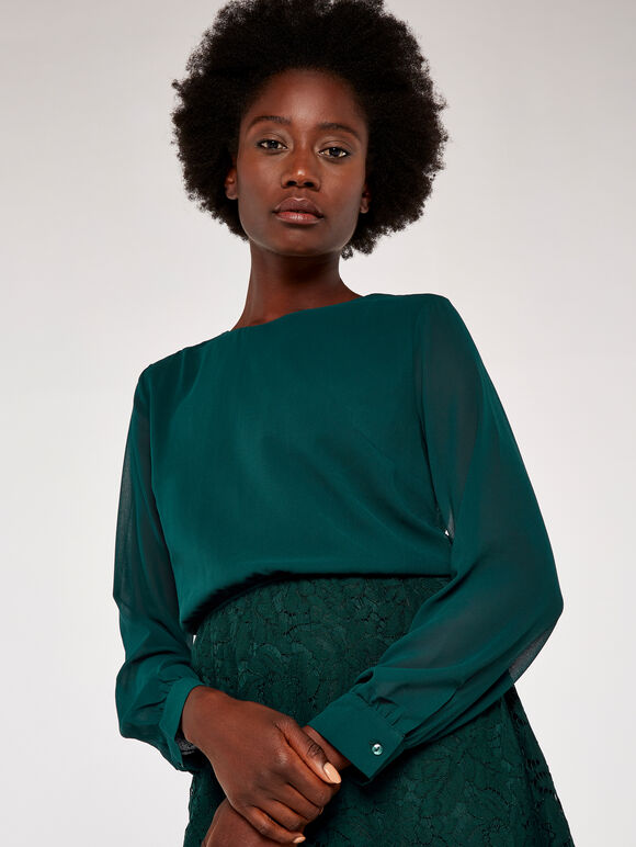 Chiffon Top and Lace Skirt Dress, Green, large