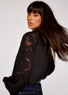 Sheer Raglan Sleeve Mock Neck Top, Black, large