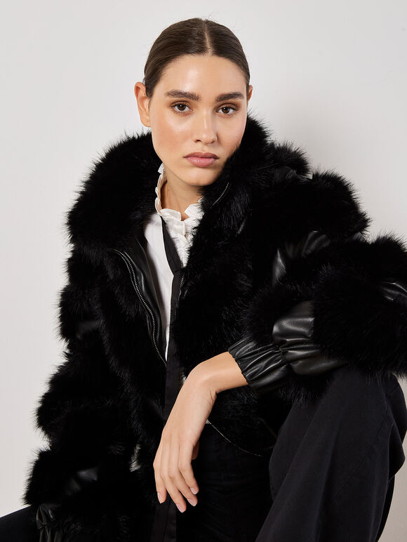 Faux Leather Chevron Fur Jacket, Black, large