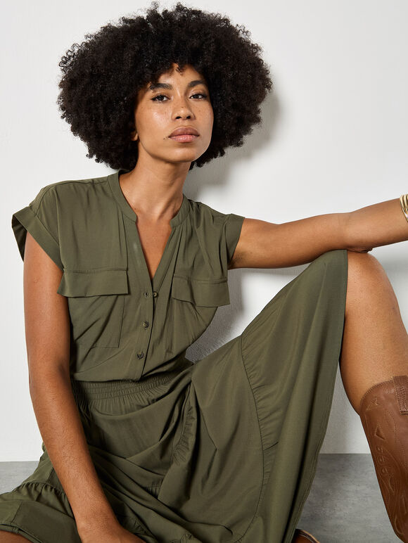 Tiered Utility Midaxi Dress, Khaki, large