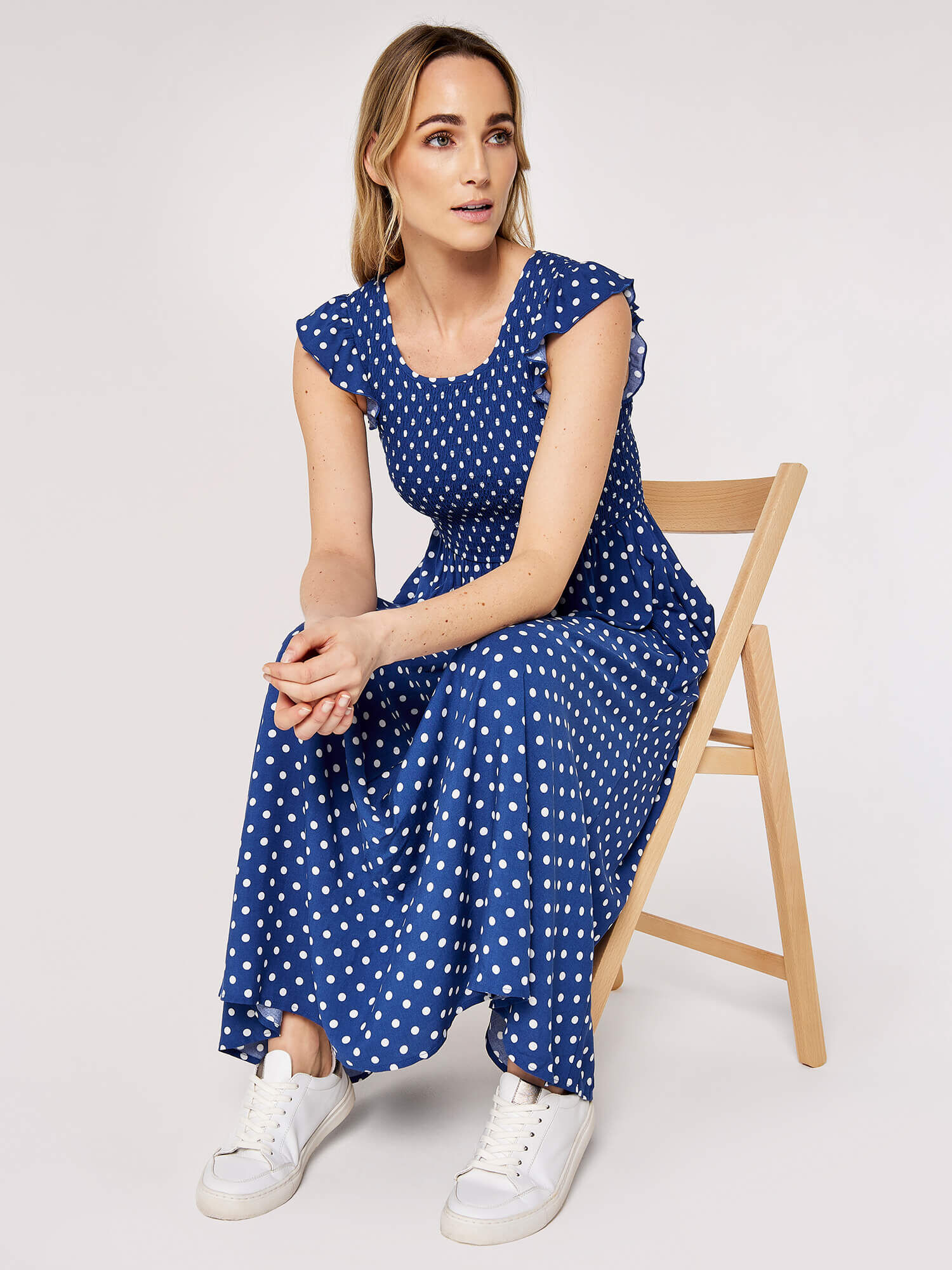 Polkadot Smocked Midi Dress Apricot Clothing