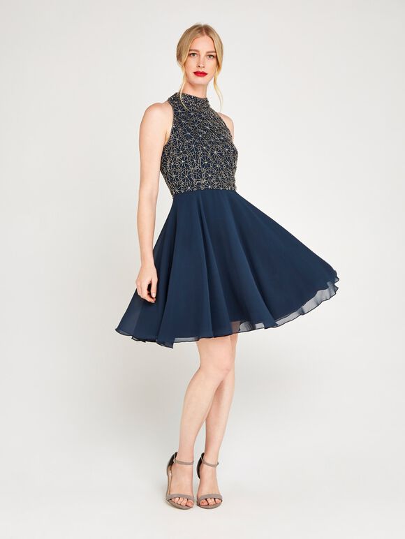 Beaded Halter Neck Swing Dress, Navy, large
